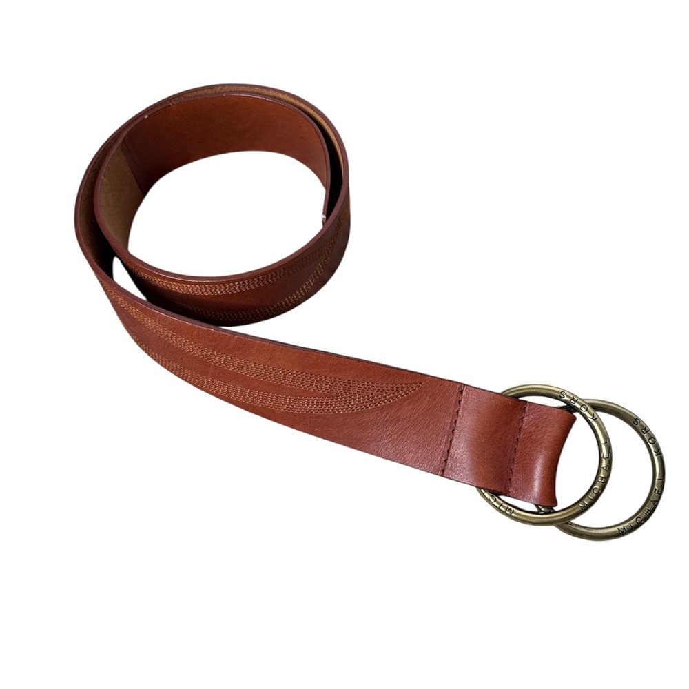 Michael Kors Double D Ring Buckle Engraved Braiding Brown Leather Belt S/M